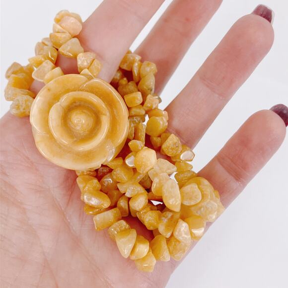 Genuine Honey Jade Gemstone Carved Rose Stretch Bracelet Boho Yellow Floral VTG - Picture 7 of 14